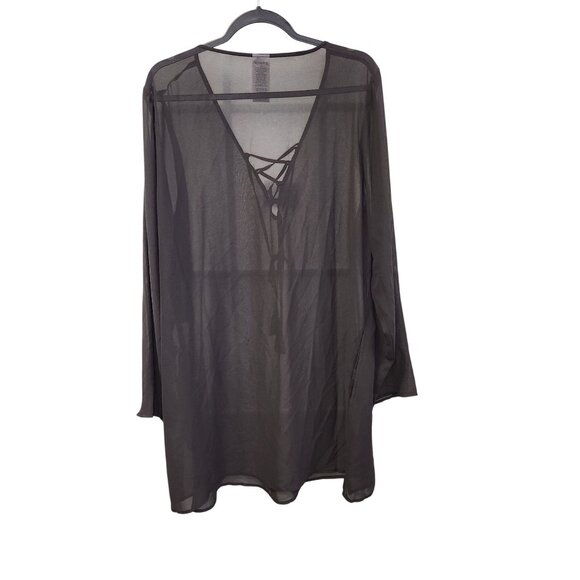 Anne Cole Black Sheer Long Sleeve Swim Cover-Up Dress Lace-Up Neckline XL/XXL 35 - Picture 2 of 8